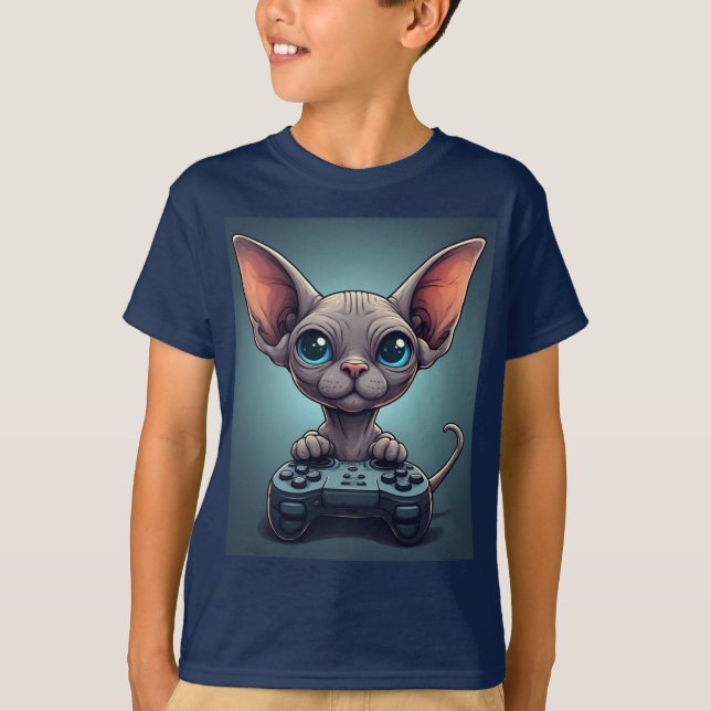 Sphynx Cat Holding Game Controller T-Shirt (Vorderseite)