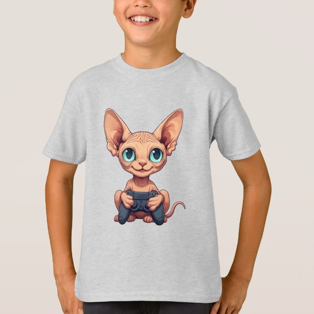 Sphynx Cat Holding Game Controller T-Shirt (Vorderseite)
