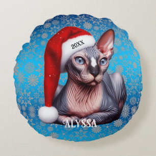 Sphynx Cat Hübsch Blue Christmas Rundes Kissen