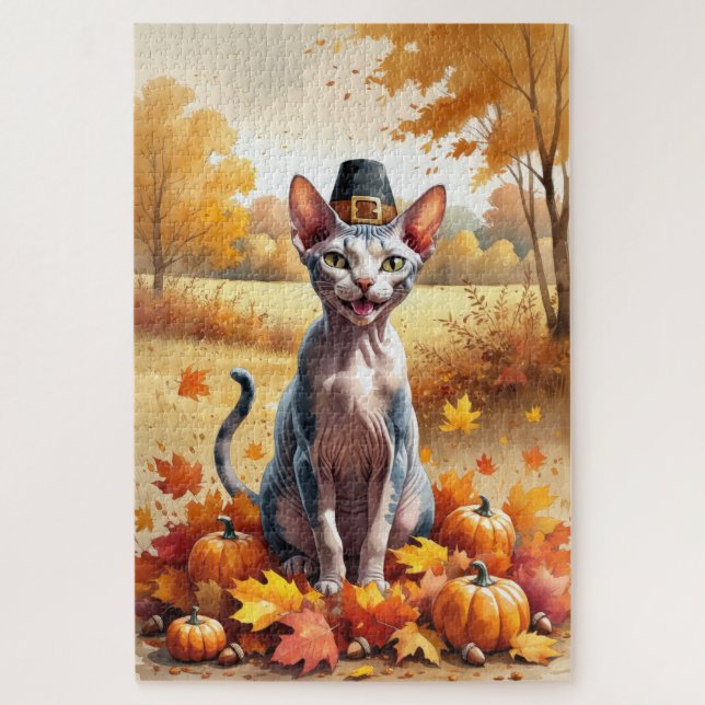 Sphynx Cat im Herbst lässt Erntedank Art Puzzle (Vertikal)