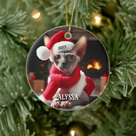 Sphynx Cat in der Weihnachtsmannmütze Weihnachten Keramik Ornament