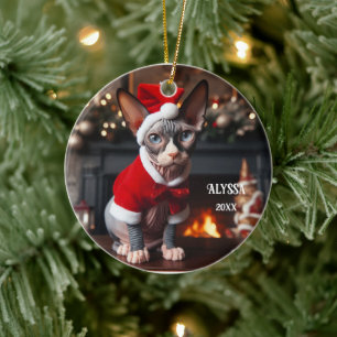 Sphynx Cat in der Weihnachtsmannmütze Weihnachten Keramik Ornament