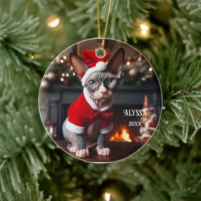 Sphynx Cat in der Weihnachtsmannmütze Weihnachten Keramik Ornament (Baum)