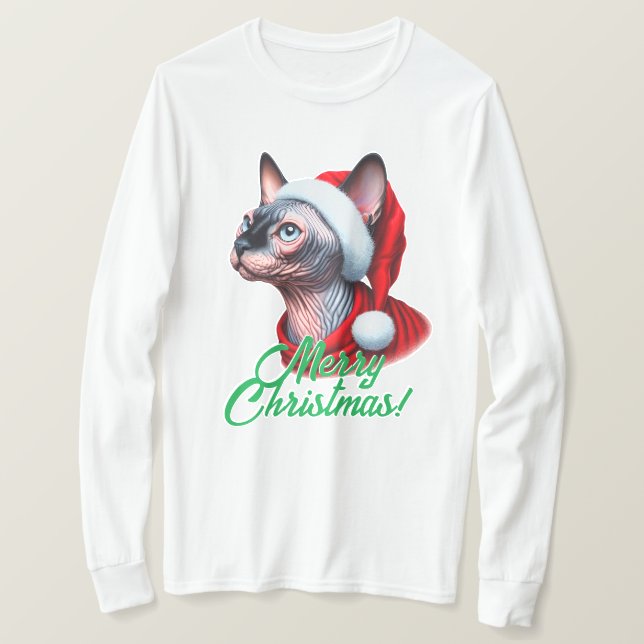 Sphynx Cat in der Weihnachtsmannmütze Weihnachten T-Shirt (Design vorne)