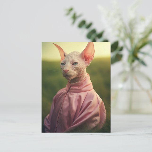 Sphynx Cat in Outfit – Playful Nature Art Postkarte (Stehend Vorderseite)
