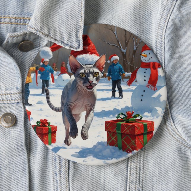 Sphynx Cat läuft im Schnee mit Weihnachtsmütze Button (Beispiel)