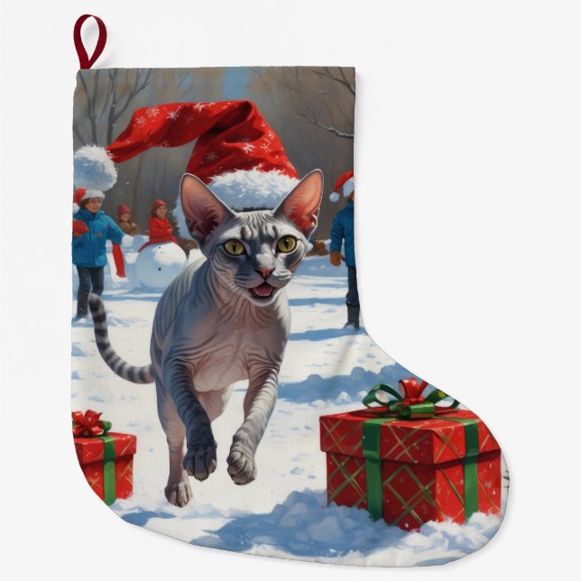 Sphynx Cat läuft im Schnee mit Weihnachtsmütze Großer Weihnachtsstrumpf (Vorderseite)