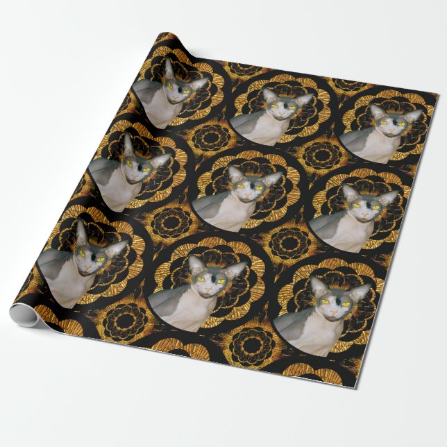Sphynx Cat Ninja Black und Gold Retro Style Geschenkpapier (Ungerollt)