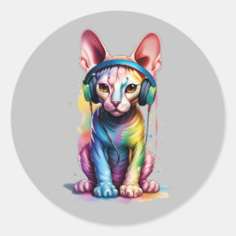 Sphynx Cat Rainbow Kopfhörer Runder Aufkleber