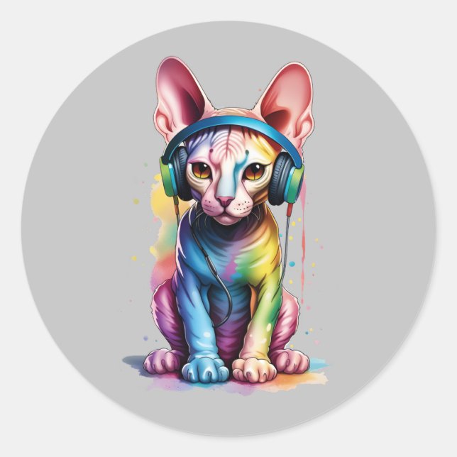 Sphynx Cat Rainbow Kopfhörer Runder Aufkleber (Vorderseite)