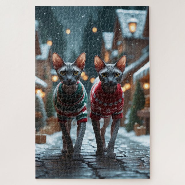 Sphynx Cats Christmas Snow Holiday Puzzle (Vertikal)