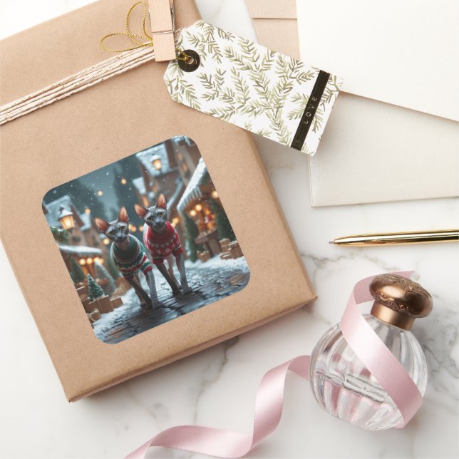 Sphynx Cats Christmas Snow Holiday Quadratischer Aufkleber (Schenken)