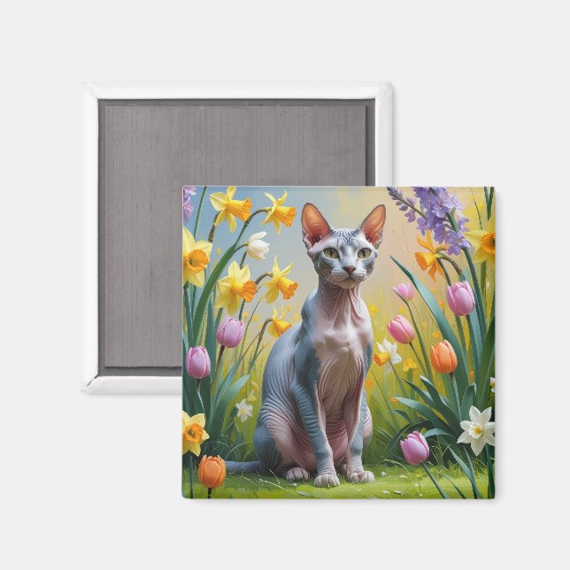 Sphynx Kat Spring Flowers Malerei Magnet (Vorderseite/Rückseite)
