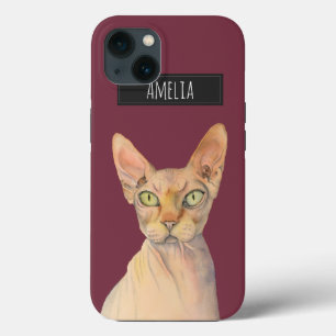 Sphynx-Katze Aquarell-Porträt mit Namen iPhone 13 Hülle
