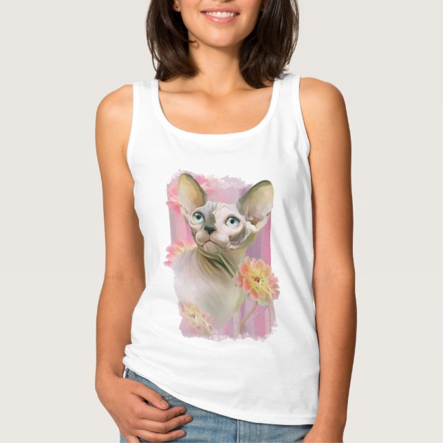 Sphynx Katze bei Blume. T-Shirt (Vorderseite)
