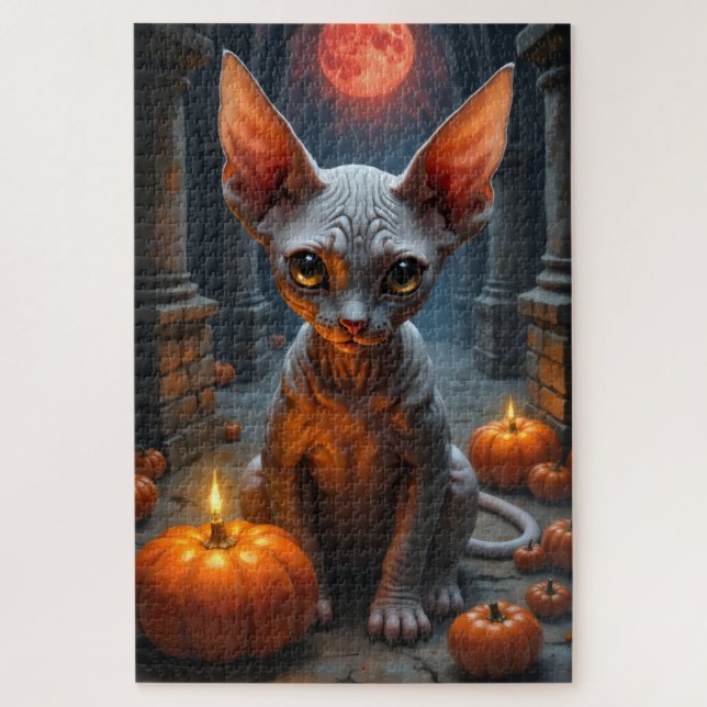 Sphynx-Katze dunkle gothische Halloween-Porträtkun Puzzle (Vertikal)