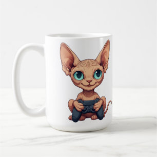 Sphynx-Katze hält Spielcontroller Kaffeetasse