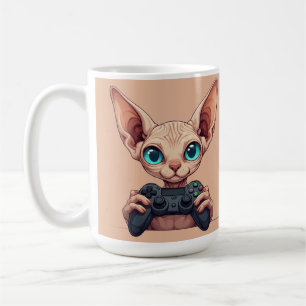 Sphynx-Katze hält Spielcontroller Kaffeetasse