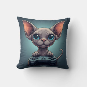 Sphynx-Katze hält Spielcontroller Kissen