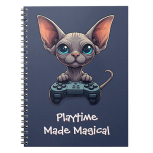 Sphynx-Katze hält Spielcontroller Notizblock