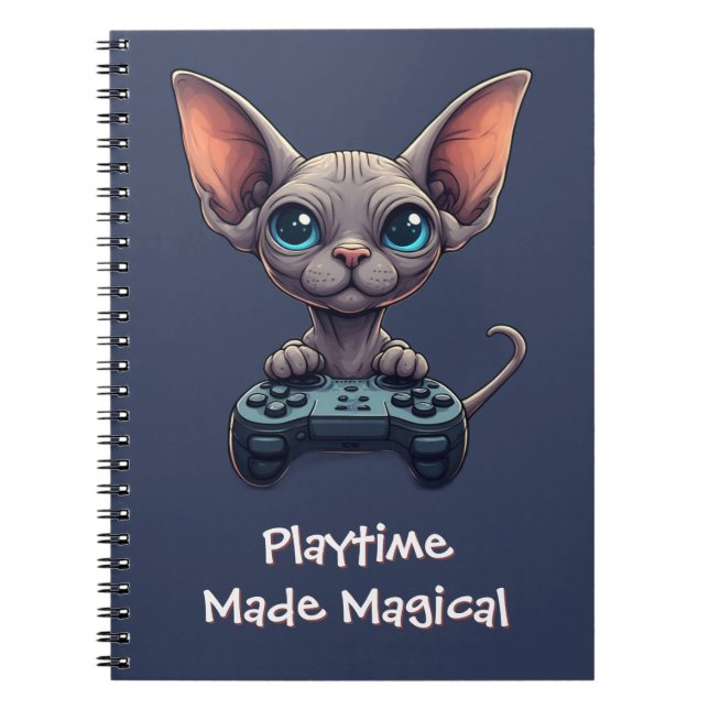 Sphynx-Katze hält Spielcontroller Notizblock (Vorderseite)