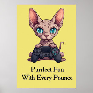 Sphynx-Katze hält Spielcontroller Poster