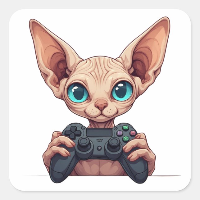 Sphynx-Katze hält Spielcontroller Quadratischer Aufkleber (Vorderseite)