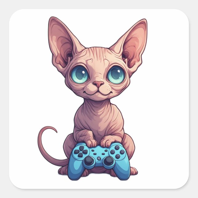 Sphynx-Katze hält Spielcontroller Quadratischer Aufkleber (Vorderseite)