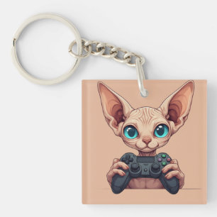Sphynx-Katze hält Spielcontroller Schlüsselanhänger