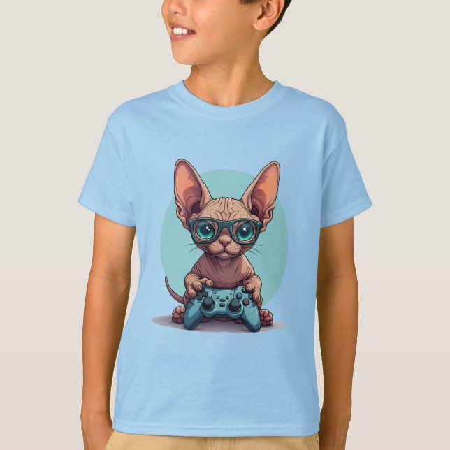 Sphynx-Katze hält Spielcontroller T-Shirt (Vorderseite)