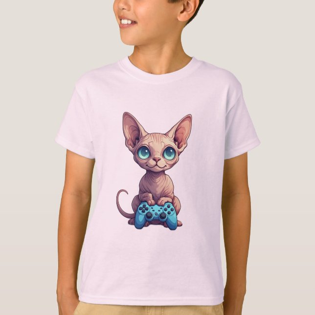 Sphynx-Katze hält Spielcontroller T-Shirt (Vorderseite)