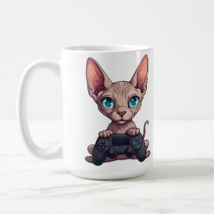 Sphynx-Katze hält Spielecontroller Kaffeetasse