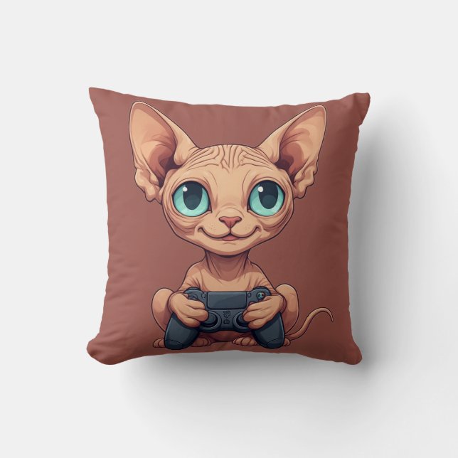 Sphynx-Katze hält Spielecontroller Kissen (Vorderseite)
