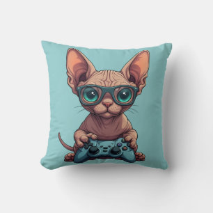 Sphynx-Katze hält Spielecontroller Kissen