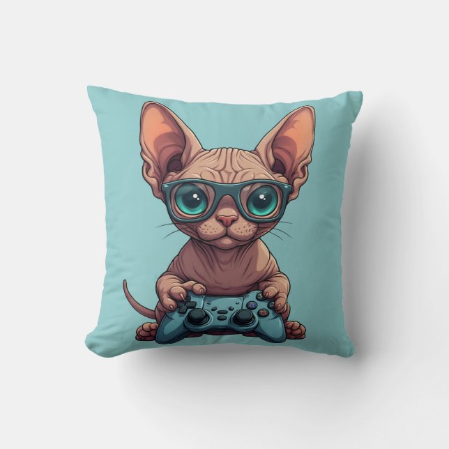 Sphynx-Katze hält Spielecontroller Kissen (Vorderseite)