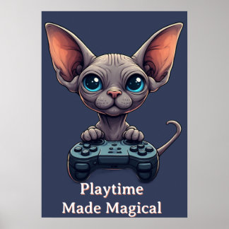 Sphynx-Katze hält Spielecontroller Poster