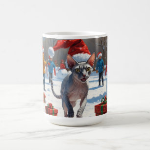Sphynx-Katze läuft im Schnee mit Weihnachtsmütze Kaffeetasse