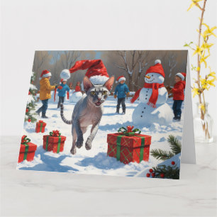 Sphynx-Katze läuft im Schnee mit Weihnachtsmütze Karte