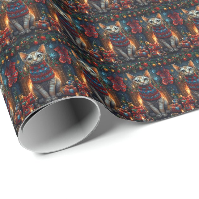 Sphynx Katze mit Weihnachtsgeschenken Feuerplatz Geschenkpapier (Rolleneckpunkt)