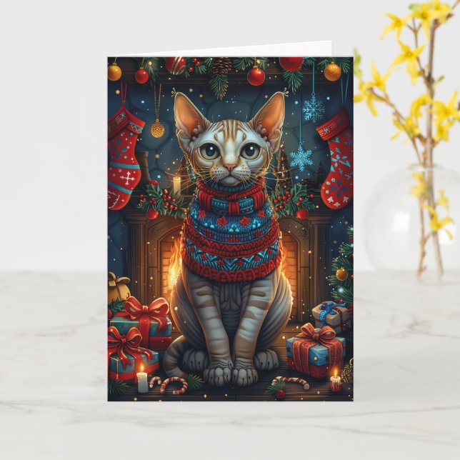 Sphynx Katze mit Weihnachtsgeschenken Feuerplatz Karte (Gelbe Blume)