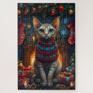 Sphynx Katze mit Weihnachtsgeschenken Feuerplatz Puzzle
