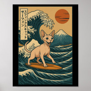 Sphynx-Katze surft auf japanischer Welle Große Wel Poster