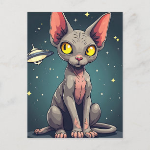 Sphynx-Katze-UFO-Weltraum-Cartoon-Kunst beurteilen Postkarte