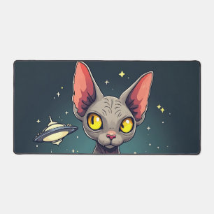 Sphynx-Katze-UFO-Weltraum-Cartoon-Kunst beurteilen Schreibtischunterlage