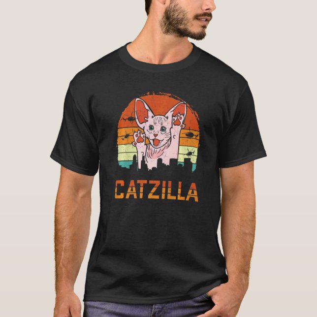 Sphynx-Katzen-Kätzchen Catzilla Monster greift Sta T-Shirt (Vorderseite)