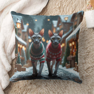 Sphynx Katzen Weihnachten Schnee Urlaub Kissen