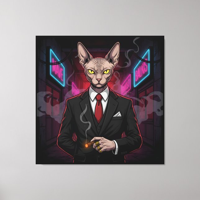 Sphynx Mafia Cat in Neon Noir Style Leinwanddruck (Vorderseite)