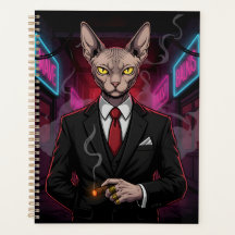 Sphynx-Mafia-Katze im Neon-Noir-Stil