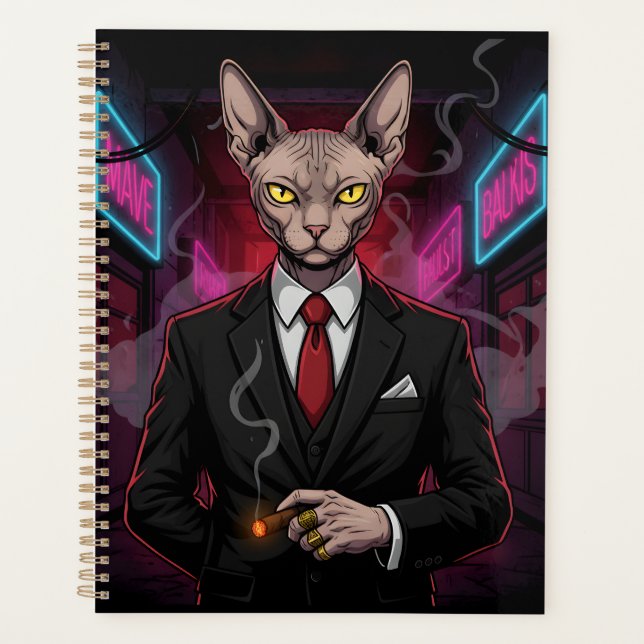 Sphynx-Mafia-Katze im Neon-Noir-Stil Planer (Vorderseite)