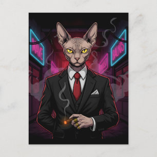 Sphynx-Mafia-Katze im Neon-Noir-Stil Postkarte